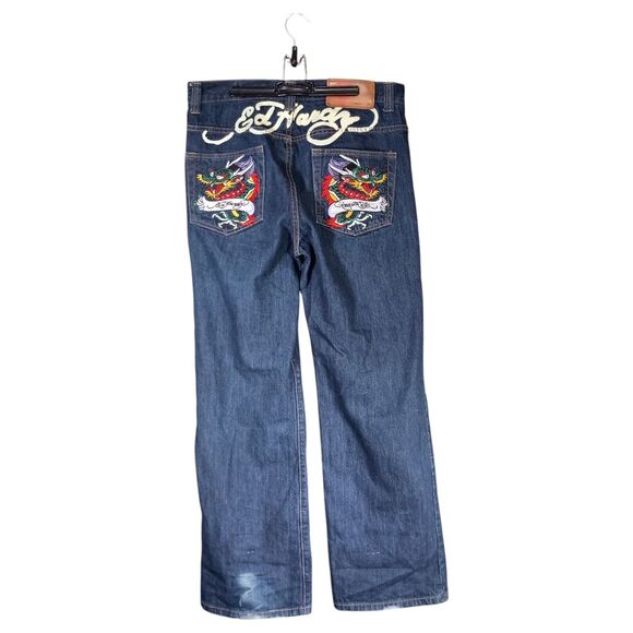 Ed Hardy Jeans 34 Mens Blue Dragon Straight Relaxed Cotton Dark Embroidered 90S - Picture 2 of 7